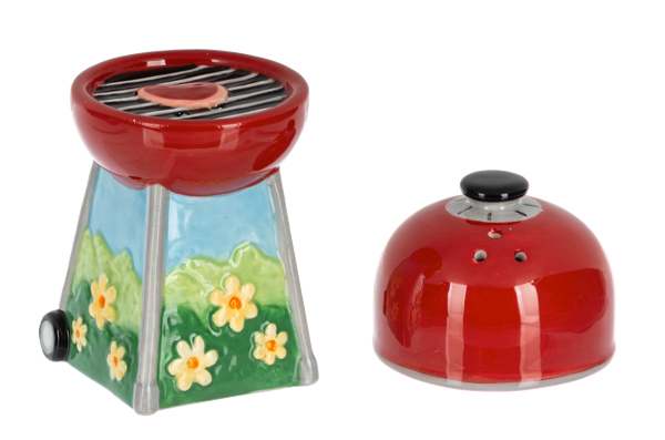 Decorative salt and pepper shaker set with a grill design on a white background