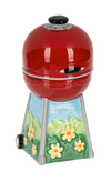 Red grill salt and pepper shaker set with a scenic base on a white background