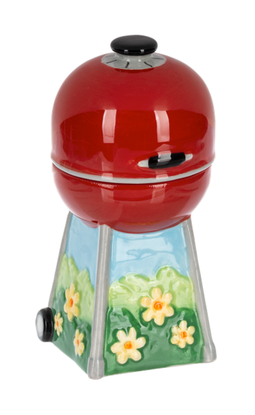 Red grill salt and pepper shaker set with a scenic base on a white background
