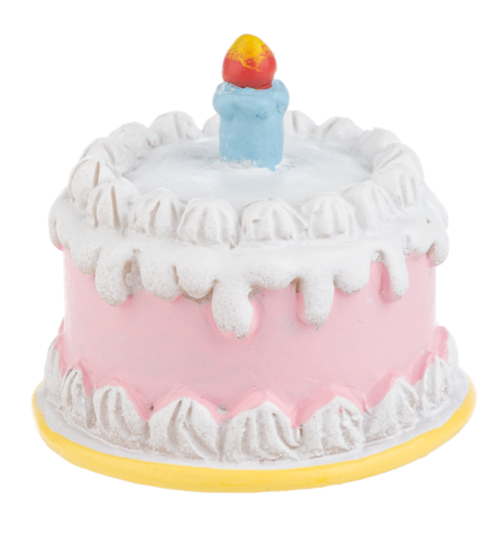 Birthday cake charm with white frosting and a colorful candle on a white background