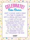 Birthday-themed card with colorful confetti border and text to accompany the birthday cake charm