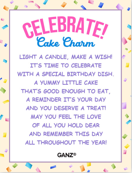 Birthday-themed card with colorful confetti border and text to accompany the birthday cake charm