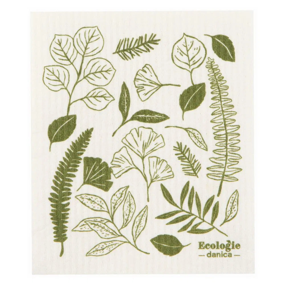 Dishcloth with green leaf patterns and 'EcoLogie danica' branding on a white background