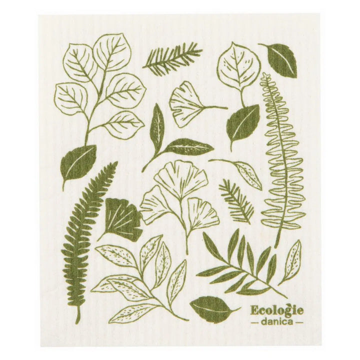 Dishcloth with green leaf patterns and 'EcoLogie danica' branding on a white background