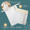 Product with carrying handle and two-layer design featuring cotton and beeswax on a teal background.