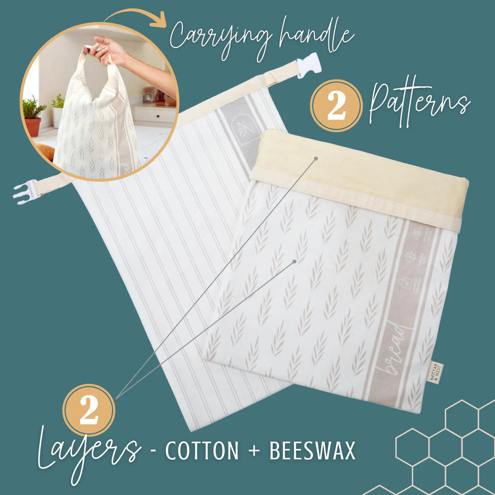 Product with carrying handle and two-layer design featuring cotton and beeswax on a teal background.