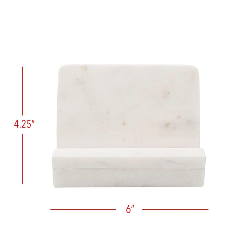 White marble cookbook holder with dimensions labeled on a white background