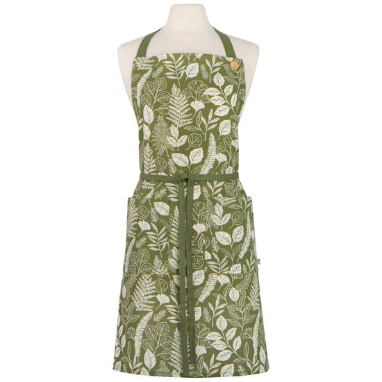 Green apron with leaf pattern on a mannequin against a white background