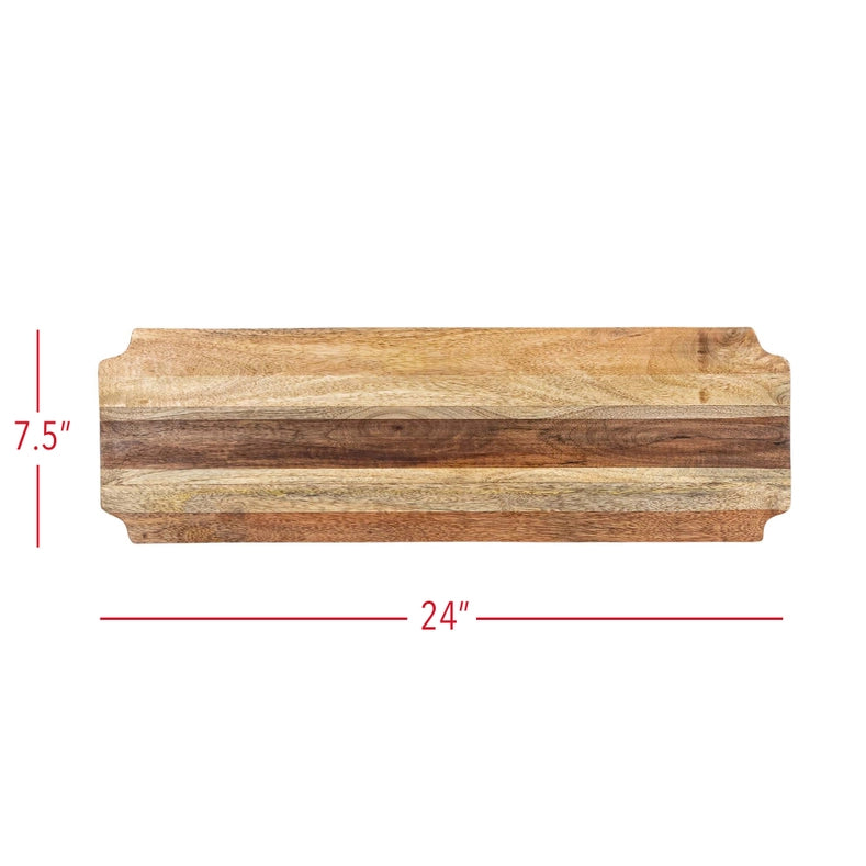 Wooden serving board with dimensions 7.5" x 24" on a white background
