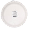 Bottom view of scalloped paper plate with a label on a white background