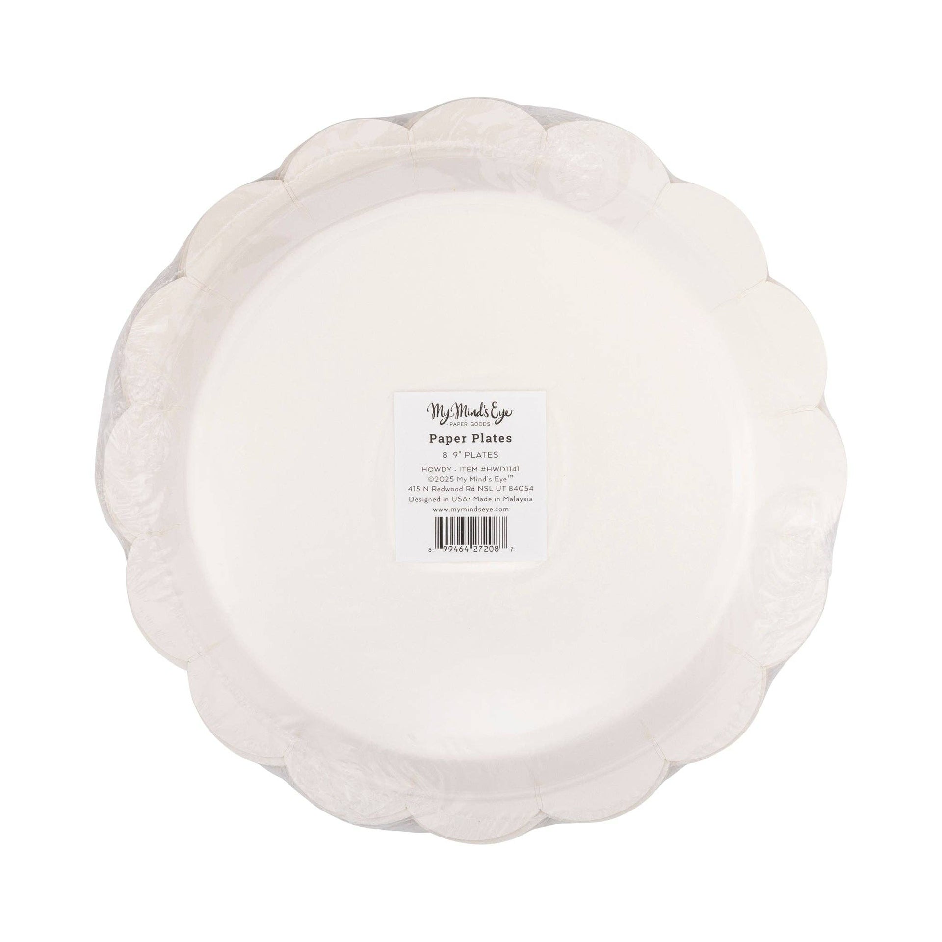 White paper plate with a visible brand label on a white background