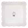 Bottom view of scalloped paper plates with a brand label on a white background