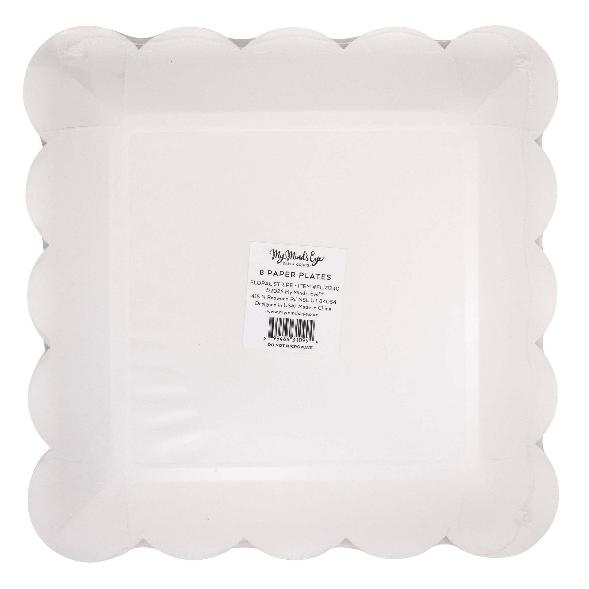 Bottom view of scalloped paper plates with a brand label on a white background