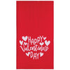 A red waffle-weave kitchen towel featuring the white text 'Happy Valentine's Day' surrounded by small white hearts, shown against a plain white background.