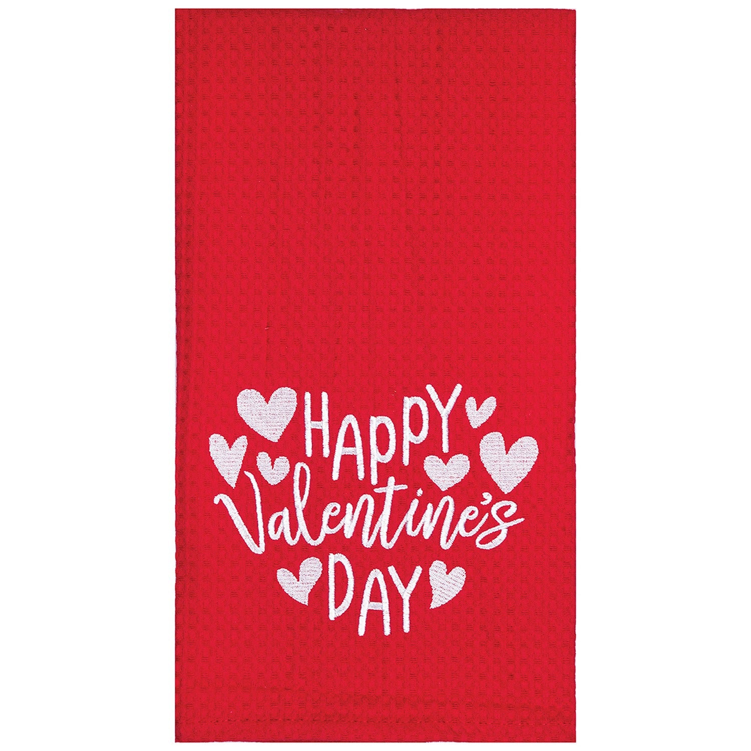A red waffle-weave kitchen towel featuring the white text 'Happy Valentine's Day' surrounded by small white hearts, shown against a plain white background.