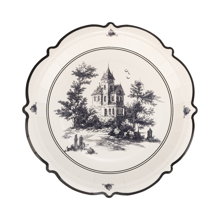 Decorative plate with black and white illustration of a mansion and trees on a white background