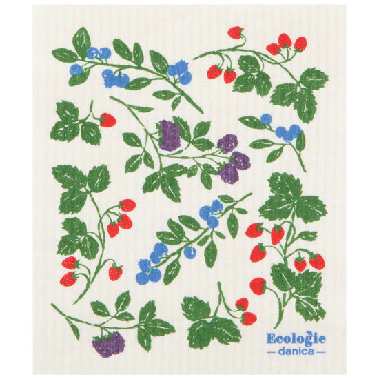 Swedish dishcloth with berry pattern and 'EcoLogie danica' branding