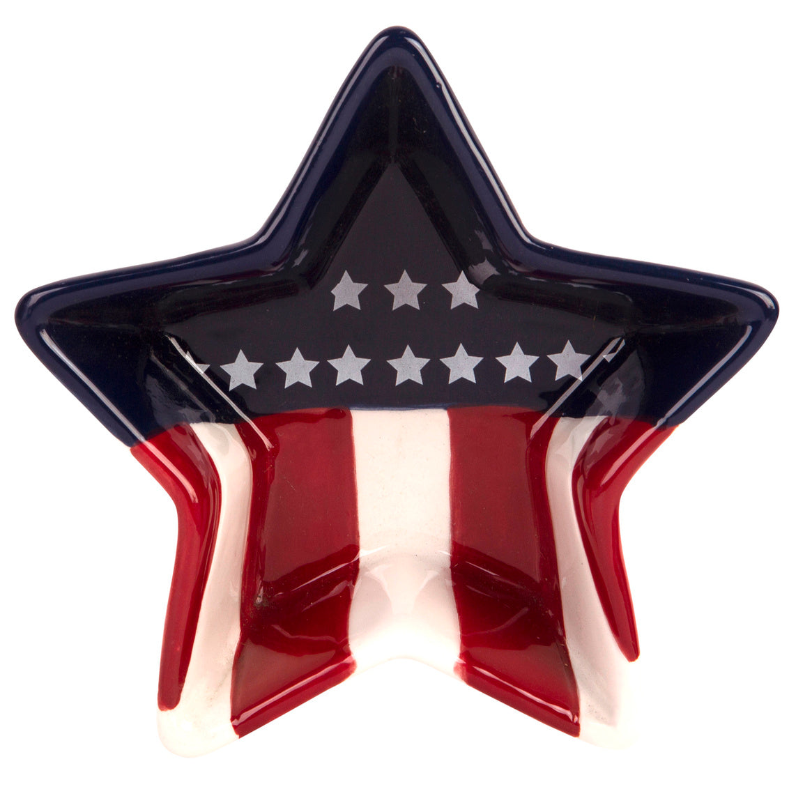 A five point star-shaped dish with American flag design on a white background