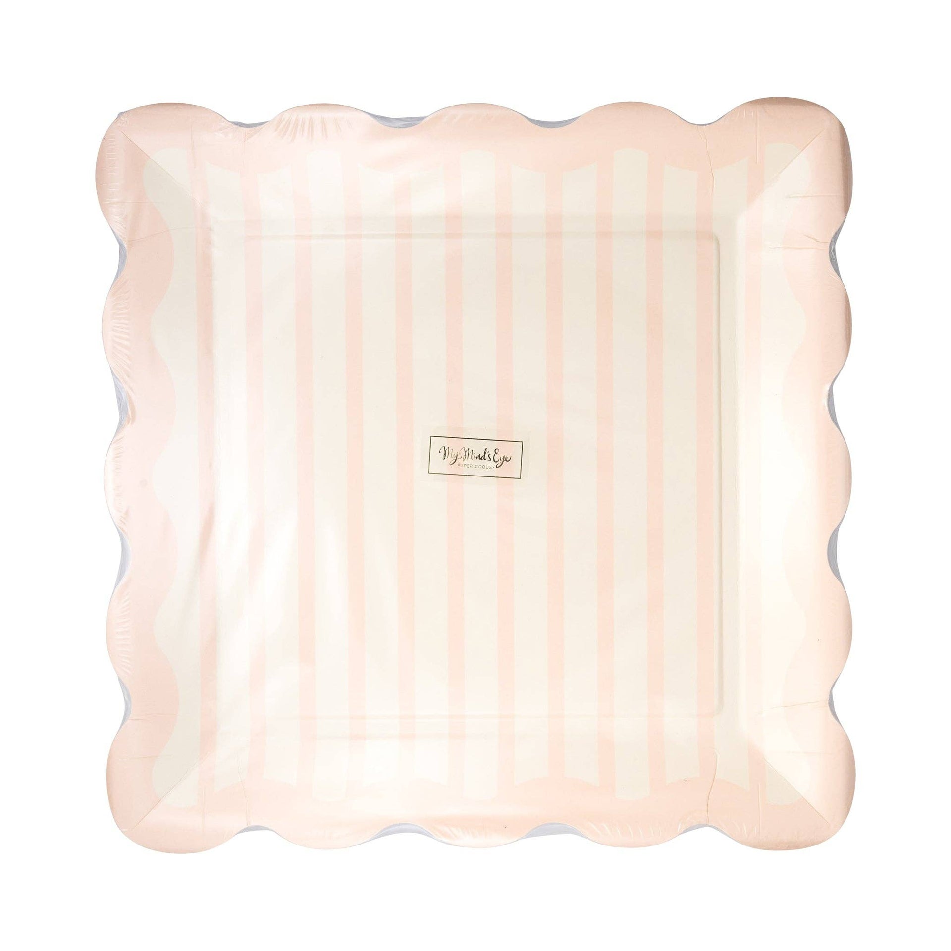 Pink scalloped plate with a brand logo on a white background