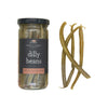 Jar of dilly beans on a white background
