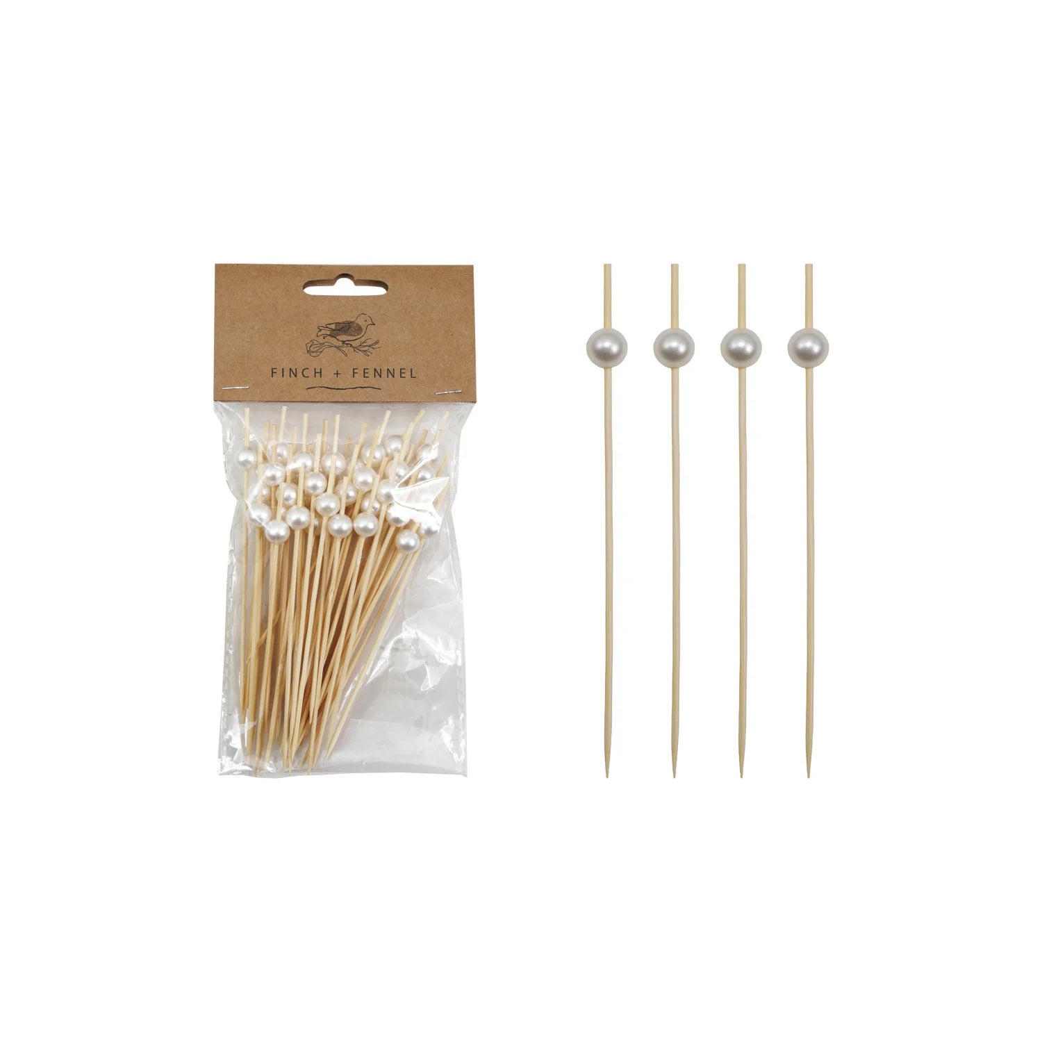 Packaged skewers with pearl ends on a white background