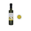 Bottle of lemon-infused olive oil with a close-up of the oil on a white background