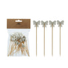 Packaged bamboo skewers with decorative bows on a white background