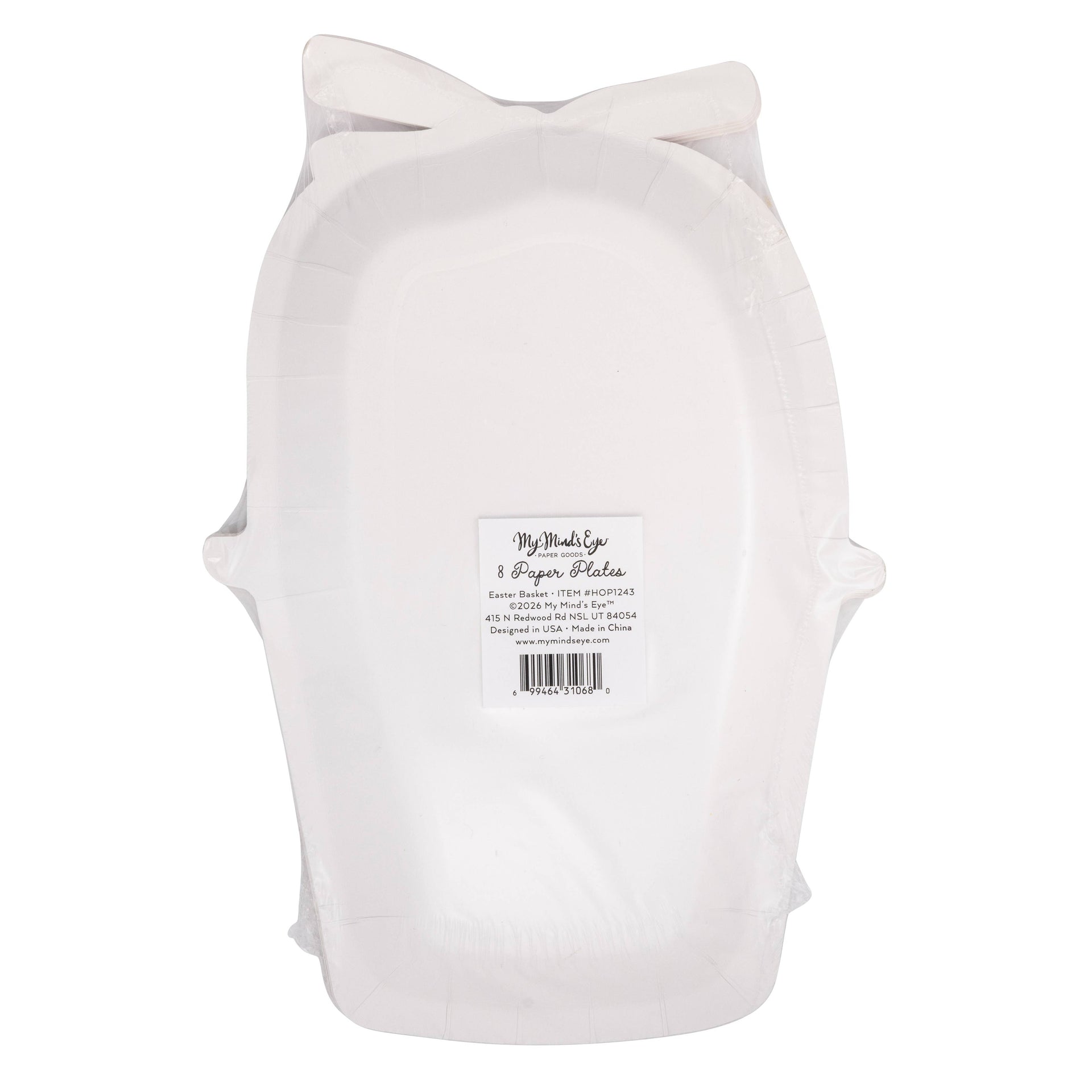 Bottom view of easter basket shaped paper plate with on a white background