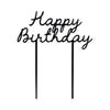 Black cake topper with the message Happy Birthday, on a white background