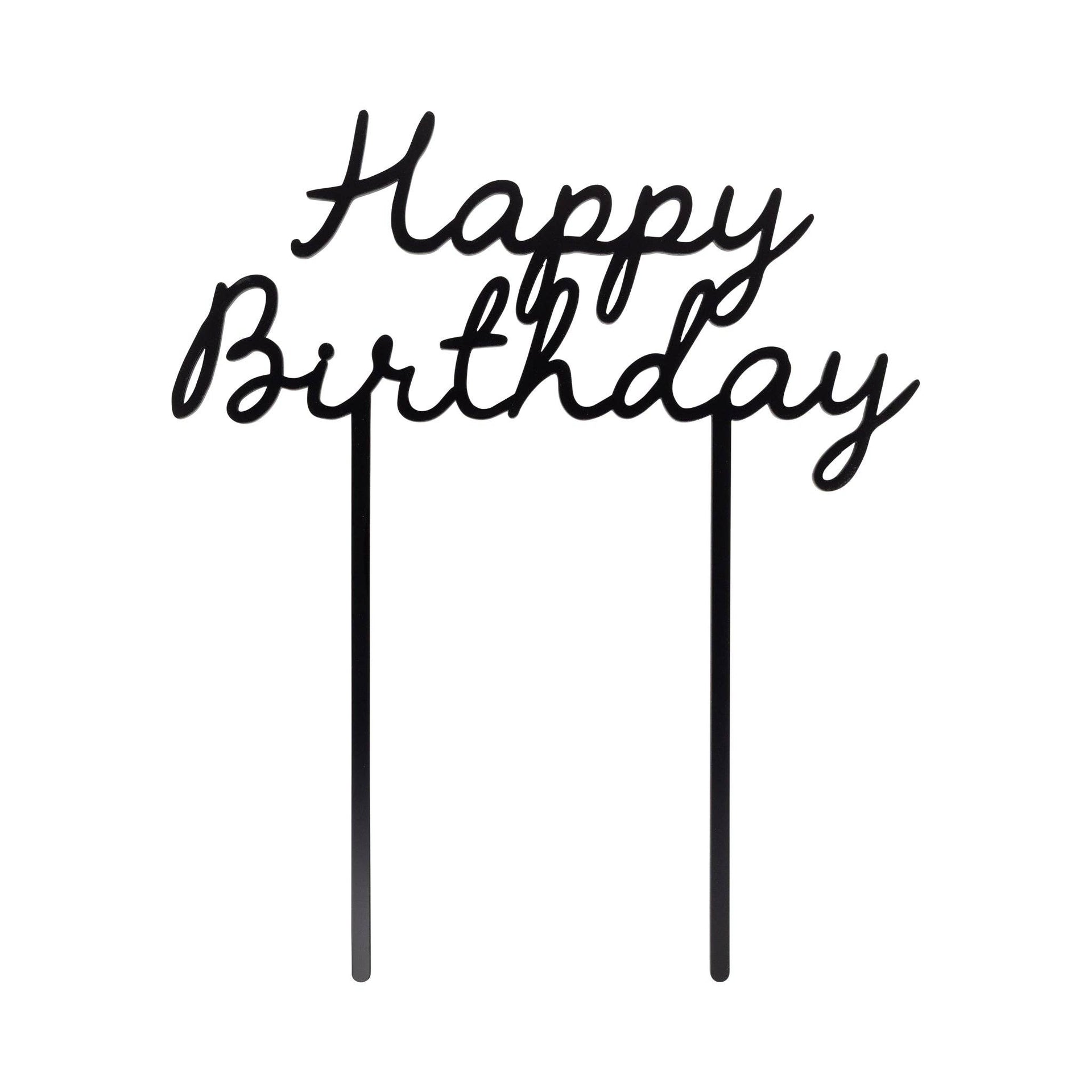 Black cake topper with the message Happy Birthday, on a white background