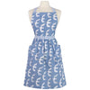 Blue apron with white seagulls on a mannequin against a white background