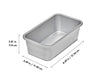 Metal loaf pan with dimensions labeled on a white background