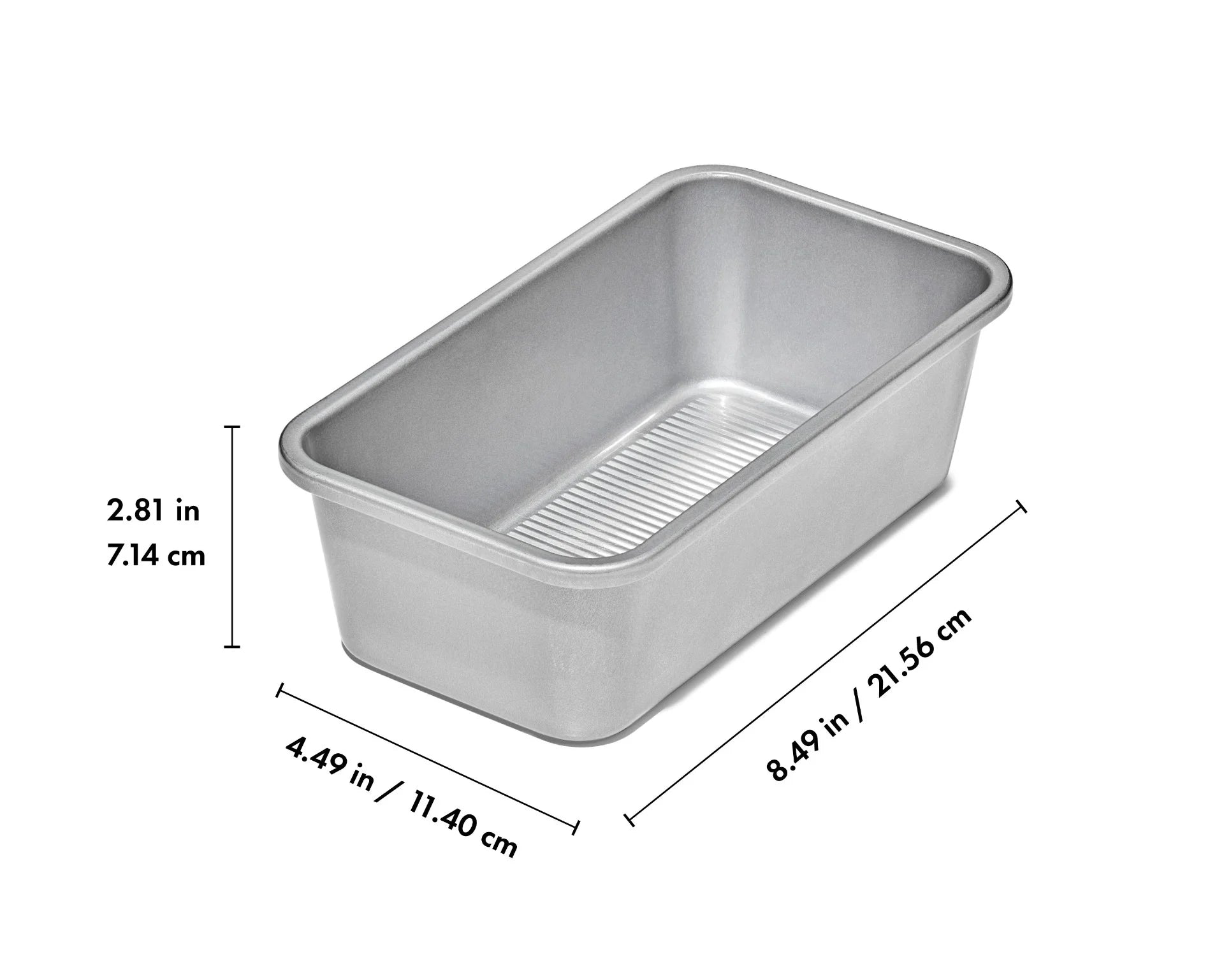 Metal loaf pan with dimensions labeled on a white background
