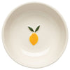 White stoneware bowl with a lemon design on a white background