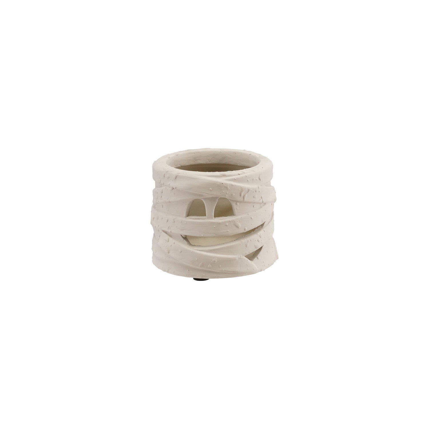White ceramic vase with mummy face and wrapping on a white background