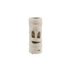 Cylindrical ceramic vase with mummy face and wrapping on a white background