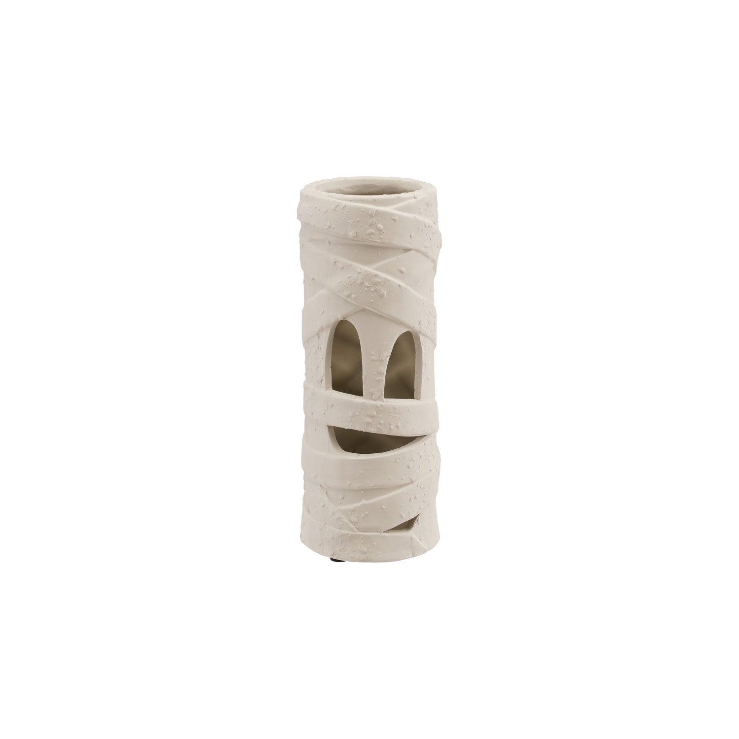Cylindrical ceramic vase with mummy face and wrapping on a white background