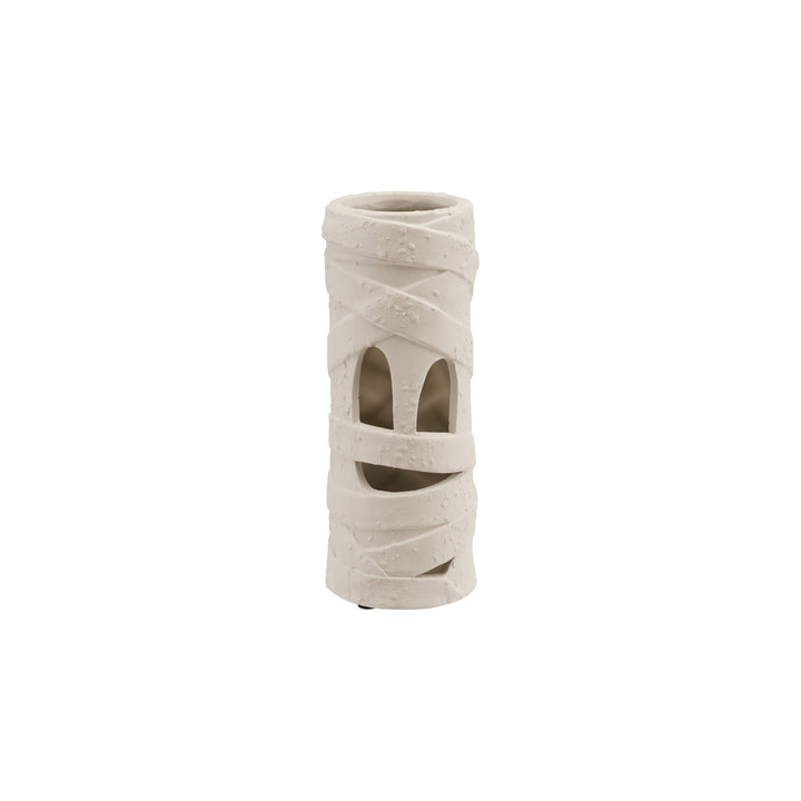 Cylindrical ceramic vase with mummy face and wrapping on a white background