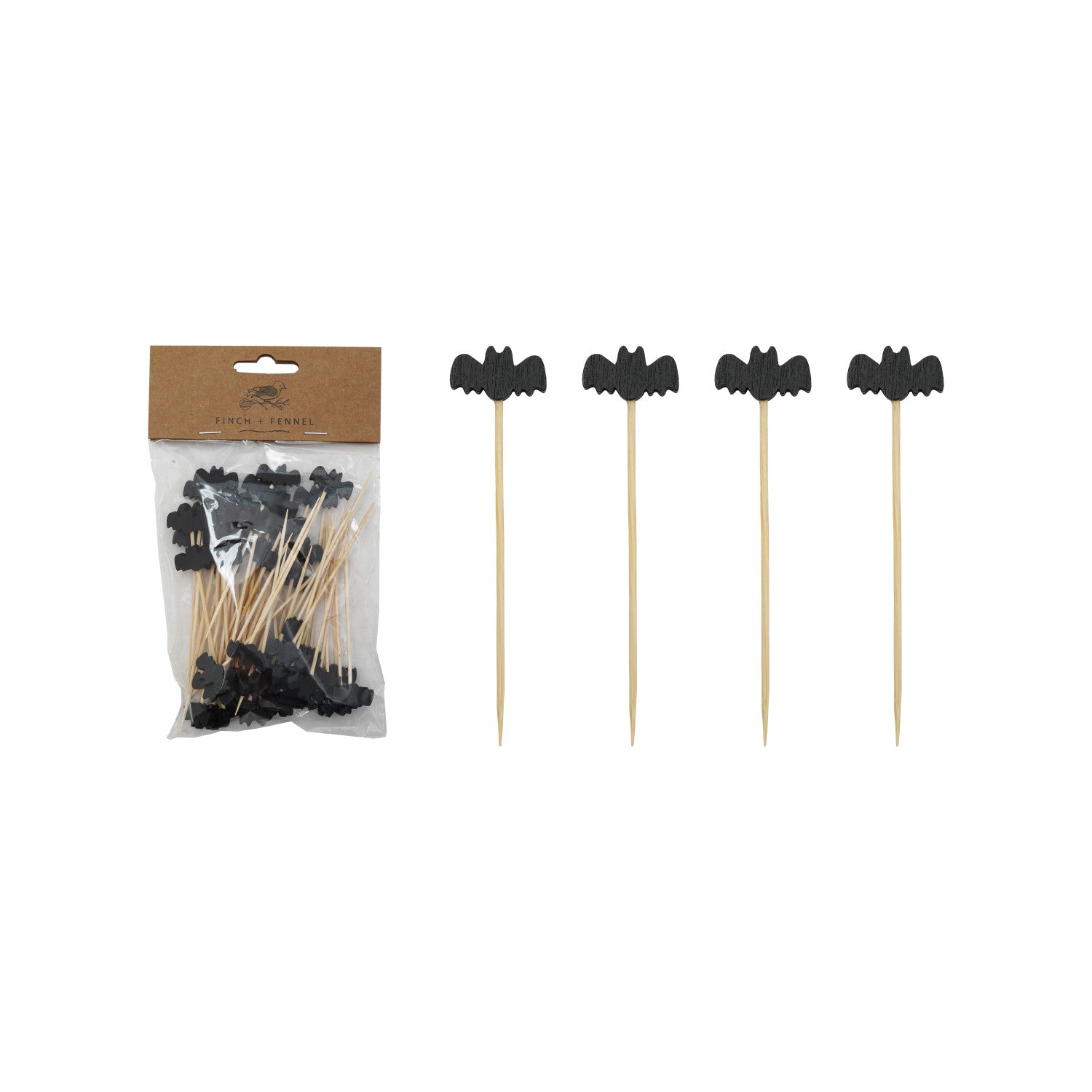 Packaged black bat-shaped toothpicks with a clear plastic bag on a white background
