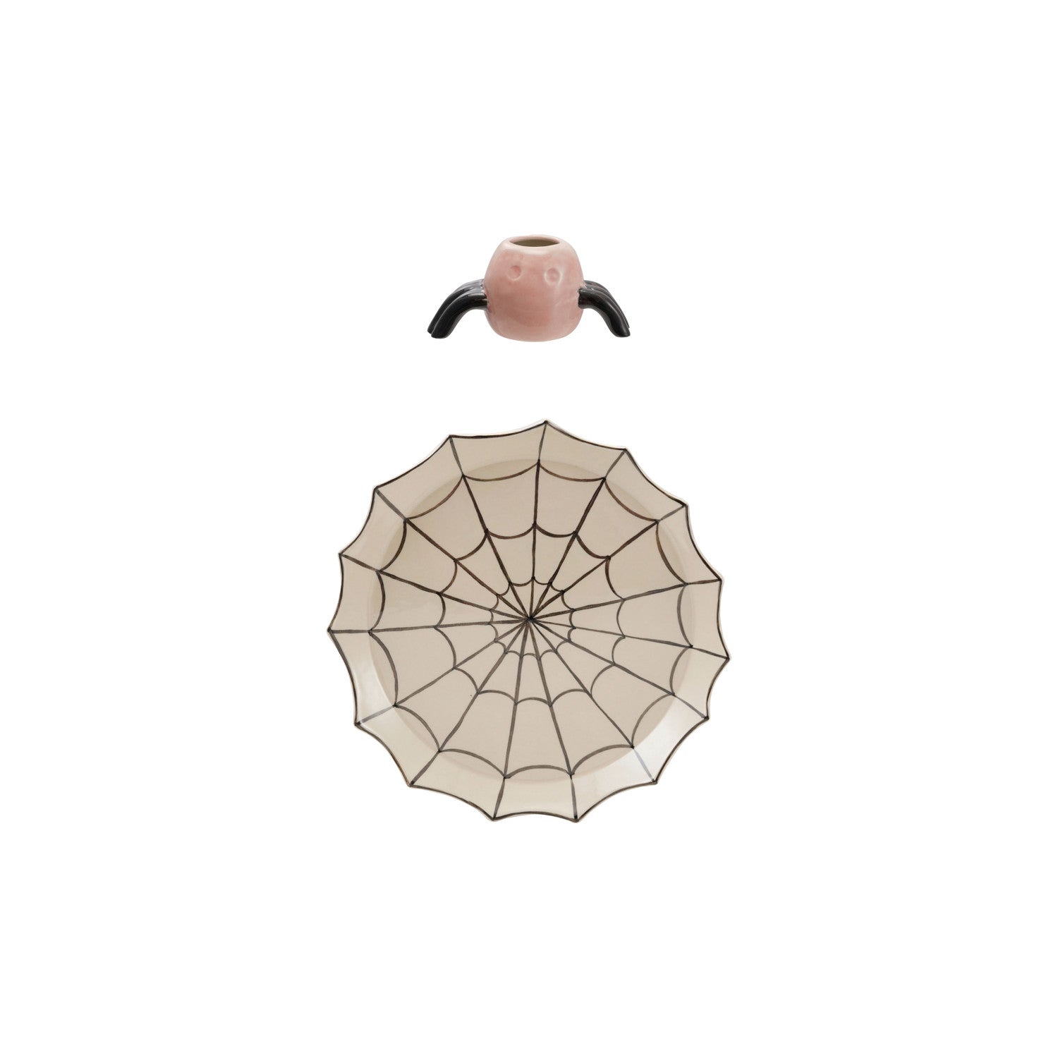 Spider web design platter with a pink spider pick holder on a white background.