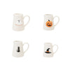 Four white mugs with Halloween-themed designs on a white background
