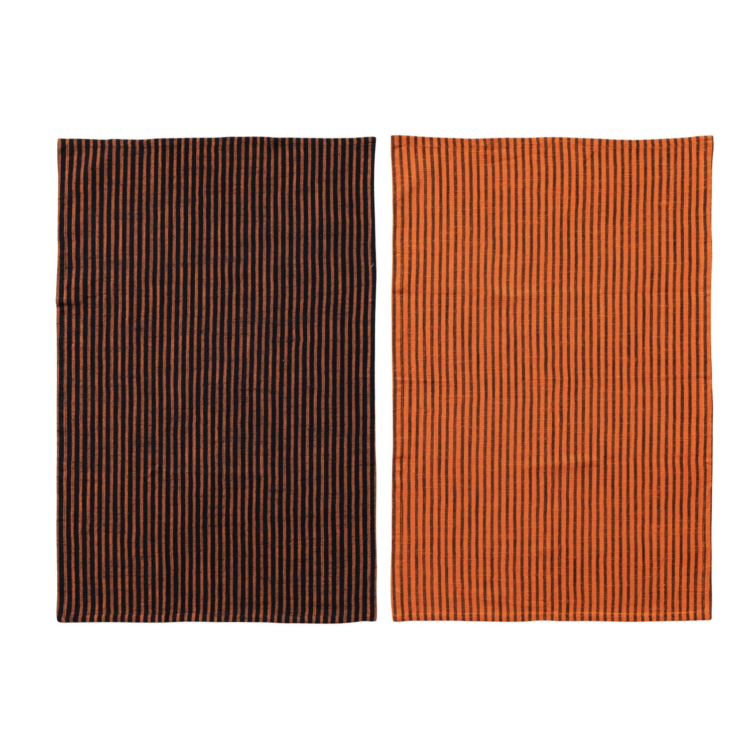 Two rectangular kitchen towels, one brown with thin orange stripes and one orange with thin black stripes, on a white background.