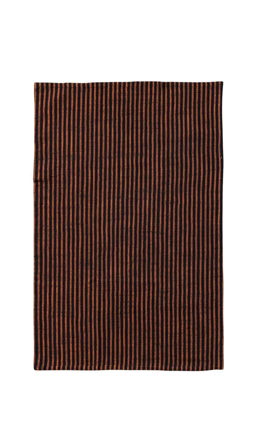 Rectangular kitchen towel, black with thin orange stripes, on a white background.
