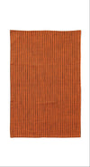 Rectangular kitchen towel, orange with thin black stripes, on a white background.