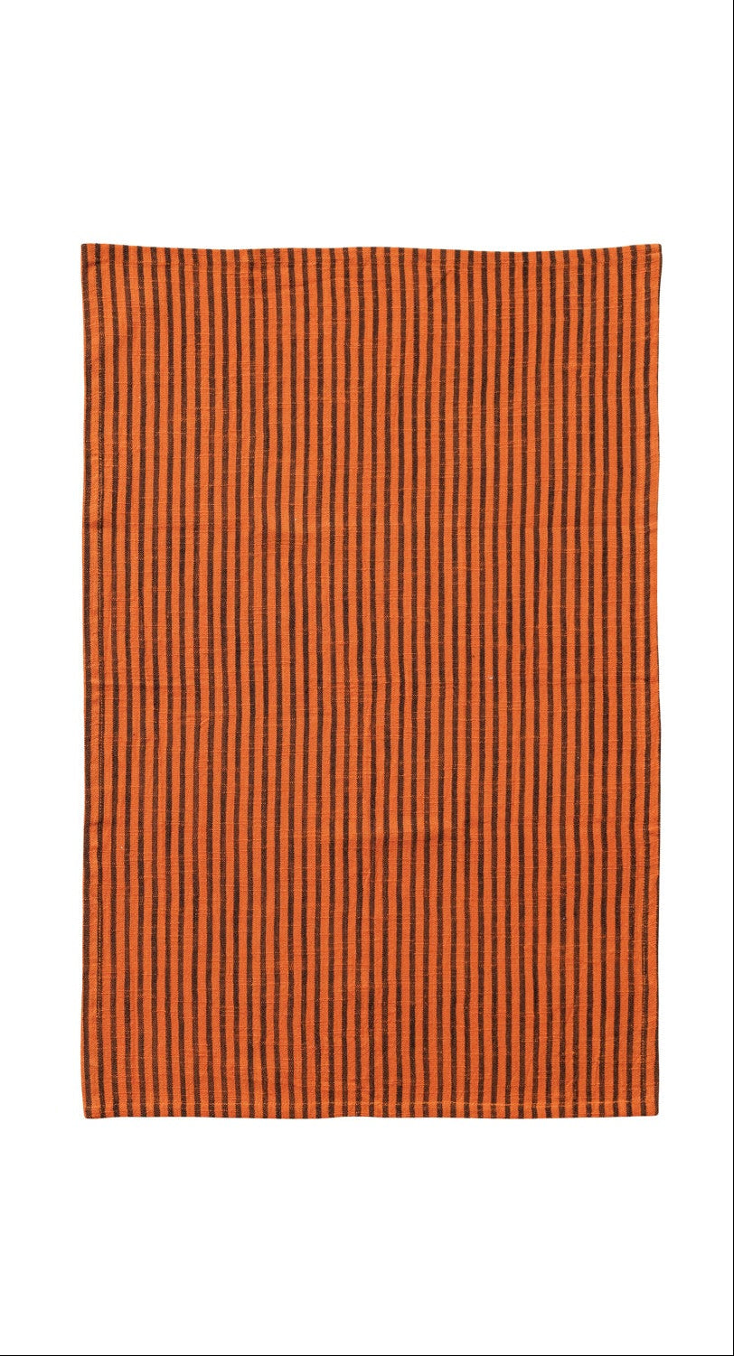 Rectangular kitchen towel, orange with thin black stripes, on a white background.