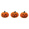 Three Halloween-themed pumpkins with jack-o'-lantern faces on a white background