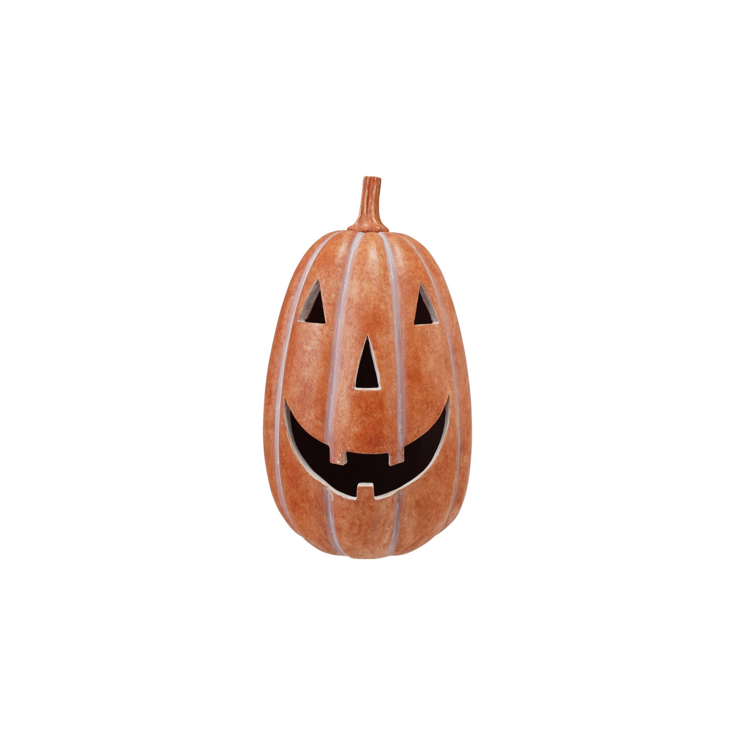 Decorative tall pumpkin with a carved face on a white background