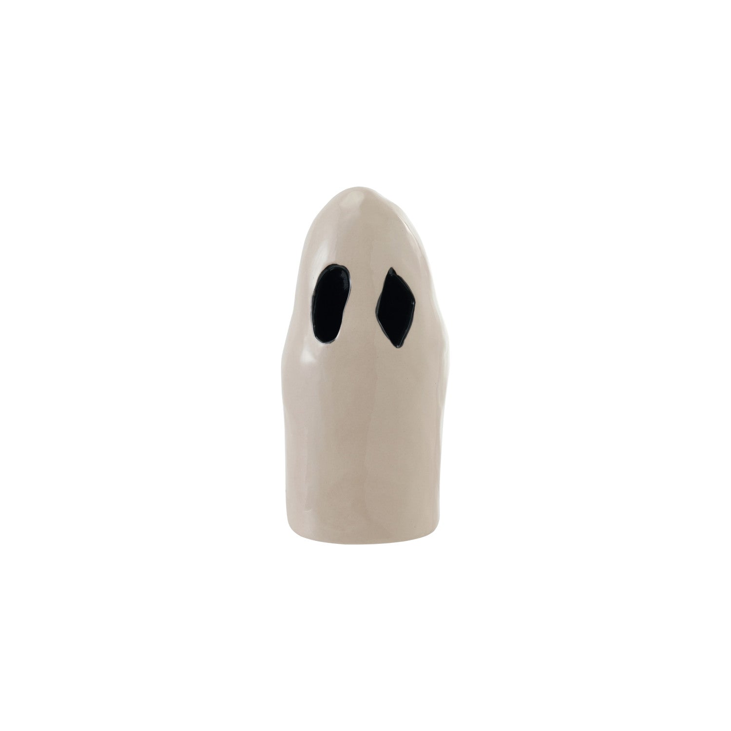 White ghost-shaped decor with black eyes on a white background