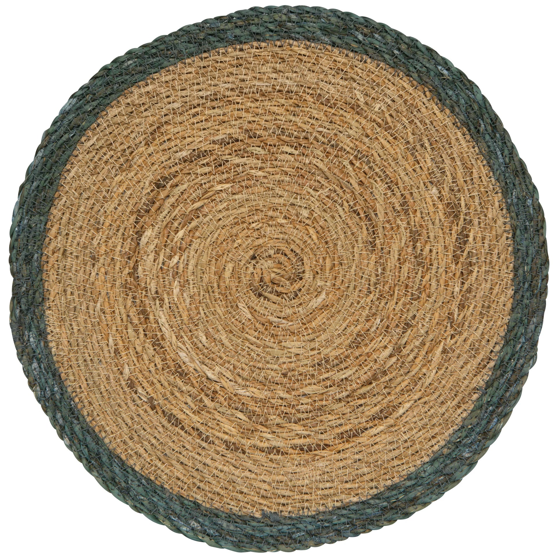 Round woven placemat with concentric circle pattern on a white background