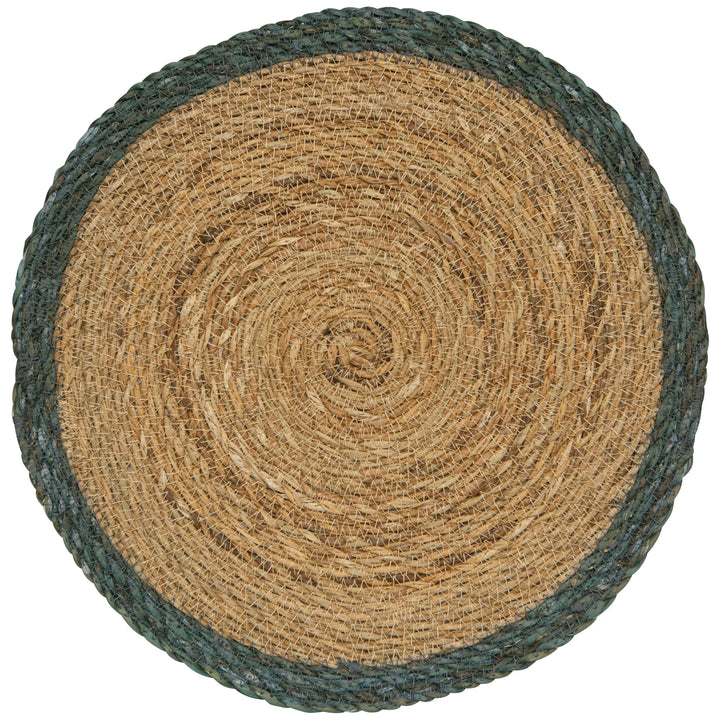 Round woven placemat with concentric circle pattern on a white background